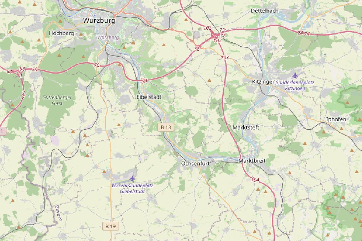 Karte der Region zwischen Würzburg, Kitzingen und Marktbreit mit der Lage der Videowall bei Ochsenfurt